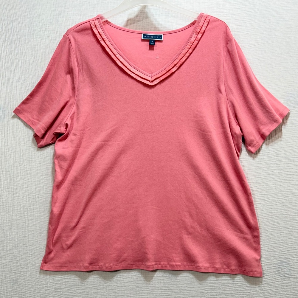 Karen Scott V-Neck Top Women 3X Pink Peach Fringe Trim Short Sleeve Minimalist